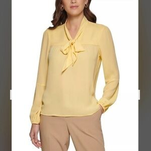 DKNY Petite Long Sleeve Bow Blouse in DAWN Size Petite Small